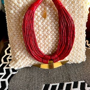 New red leather choker with bone brass and copper trim